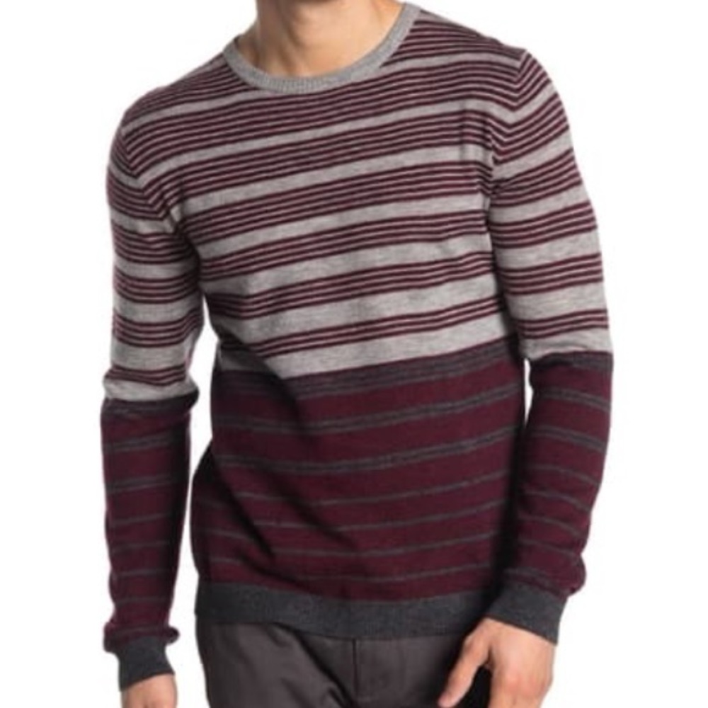 Quinn Men's Striped Burgundy and Gray Crewneck Sweater